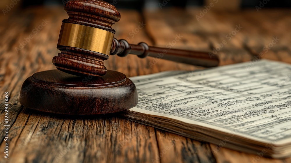 A wooden gavel rests on a legal document, symbolizing justice in a courtroom setting A wooden gavel rests on a legal document, symbolizing justice in a courtroom setting