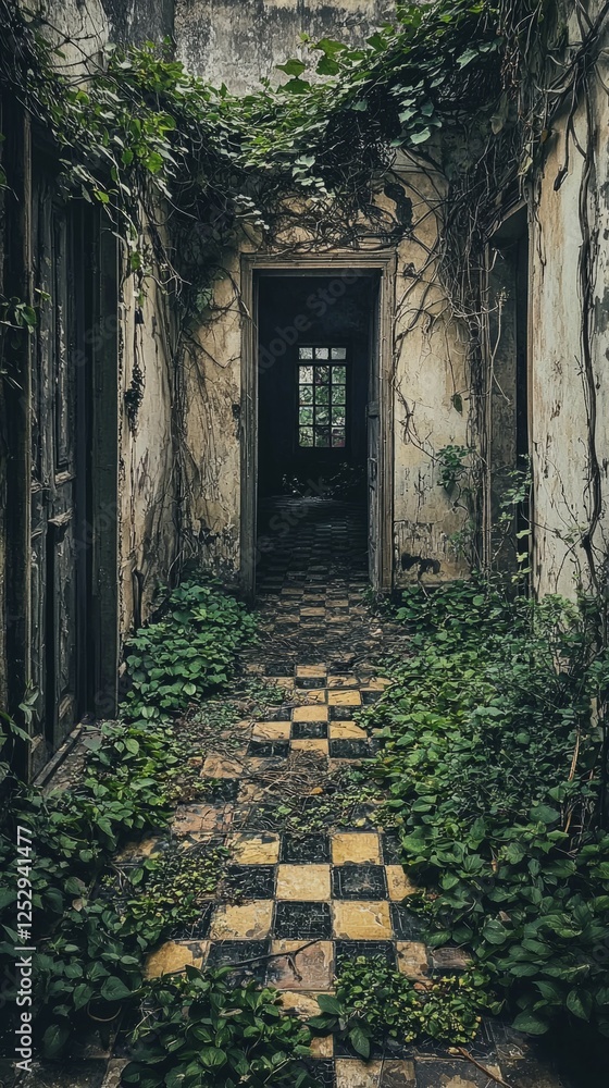 Obraz premium Overgrown Hallway in Abandoned Building with Nature Reclaiming Space