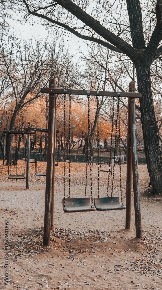 Quiet Autumn Evening at Swing Set in Empty Park with Bare Trees Quiet Autumn Evening at Swing Set in Empty Park with Bare Trees
