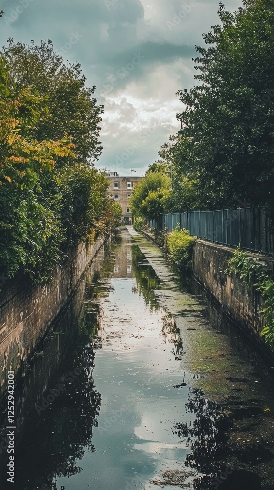 Serene Landscape of Overgrown Waterway Under Cloudy Sky Serene Landscape of Overgrown Waterway Under Cloudy Sky