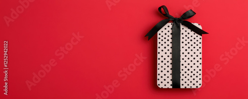 A small gift box with a black ribbon is sitting on a red background