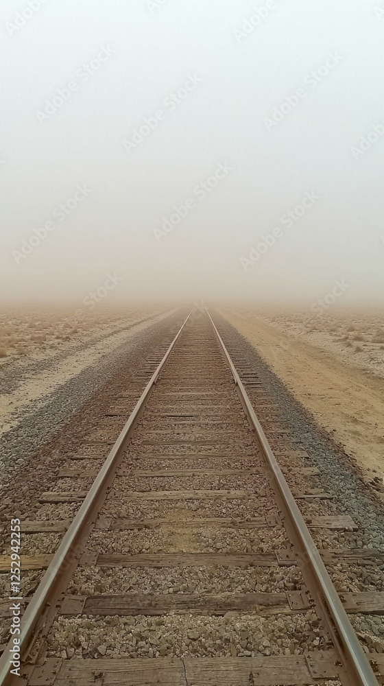 Fototapeta premium Tranquil Railroad Tracks Vanishing into the Foggy Desert Landscape
