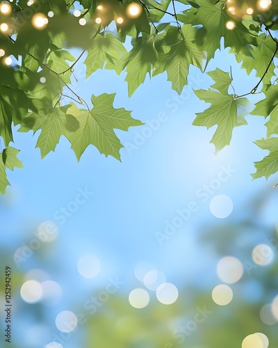 A calming background of blurred green leaves and blue summer sky kissed by soft bokeh lights.