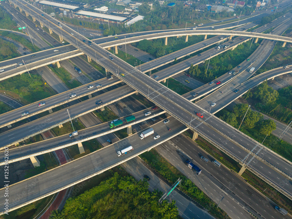 Aerial view intersection city transport asphalt road with car vehicle movement
