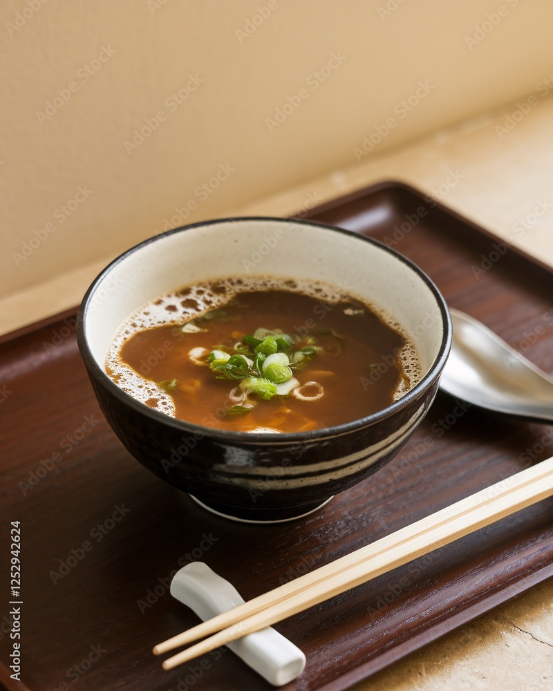 Delicious bowl of soup topped with green onions, served on a wooden tray with chopsticks and a spoon. Delicious bowl of soup topped with green onions, served on a wooden tray with chopsticks and a spoon.