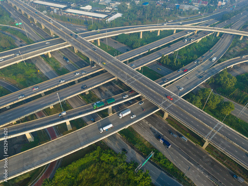 Obraz na płótnie Aerial view intersection city transport asphalt road with car vehicle movement w salonie