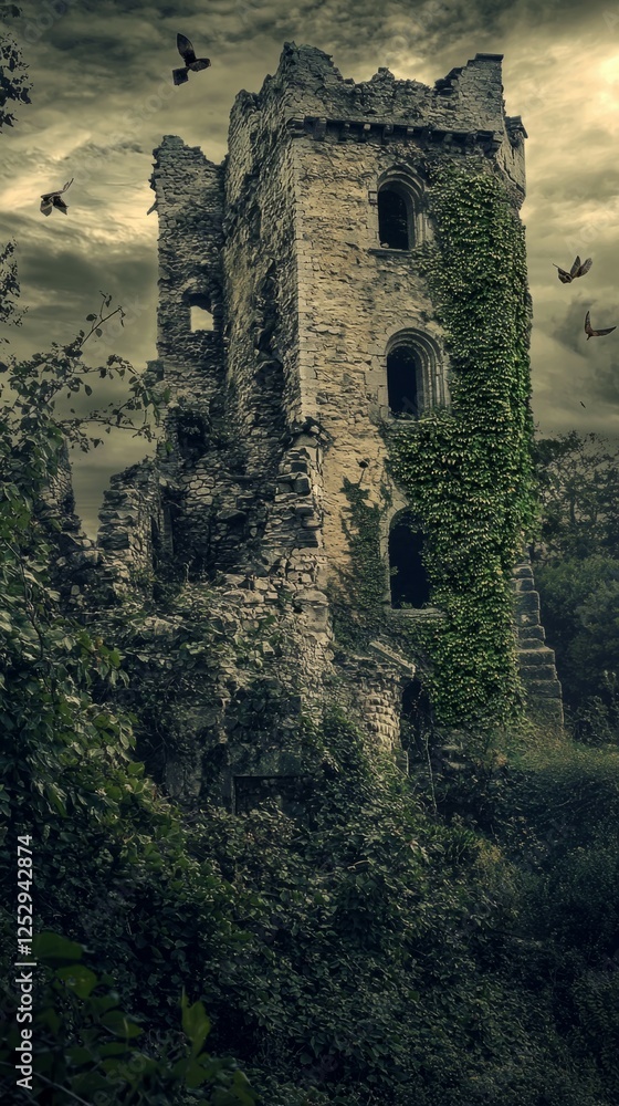 Abandoned Stone Tower Surrounded by Overgrown Vines and Birds Abandoned Stone Tower Surrounded by Overgrown Vines and Birds