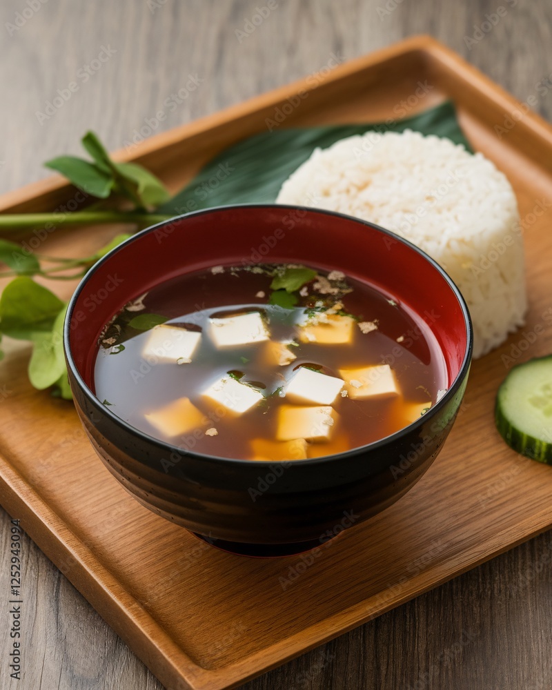 Delicious bowl of tofu soup served with rice, fresh herbs, and cucumber on a wooden tray. Delicious bowl of tofu soup served with rice, fresh herbs, and cucumber on a wooden tray.