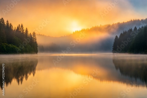 Misty morning scene of Lacu Rosu lake. Foggy summer sunrise in Harghita County, Romania, Europe. Beauty of nature concept background. photo