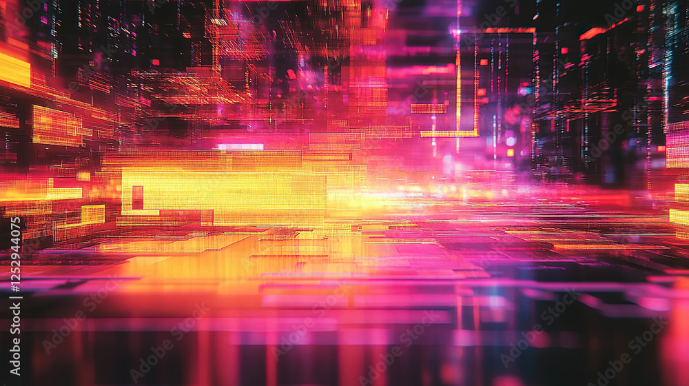 Fototapeta premium A distorted digital glitch artwork with RGB color shifts, pixel drags, and warped neon patterns. The image has a chaotic yet harmonious flow, resembling a computer screen malfunction 