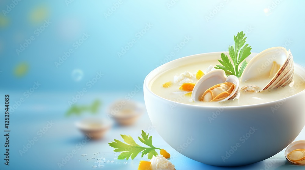 Creamy Clam Chowder Soup in White Bowl on Light Blue Background Creamy Clam Chowder Soup in White Bowl on Light Blue Background