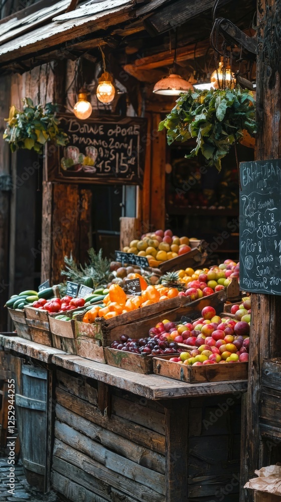 Fototapeta premium Vibrant Market Stand Displaying Fresh Fruits and Vegetables in Baskets