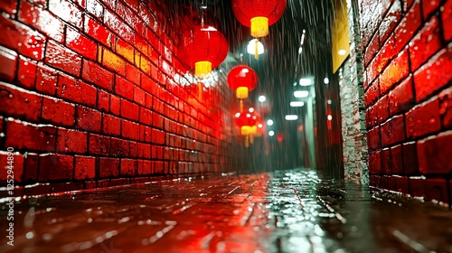 Fototapeta Naklejka Na Ścianę i Meble -  Rainy Red Brick Alleyway With Glowing Lanterns