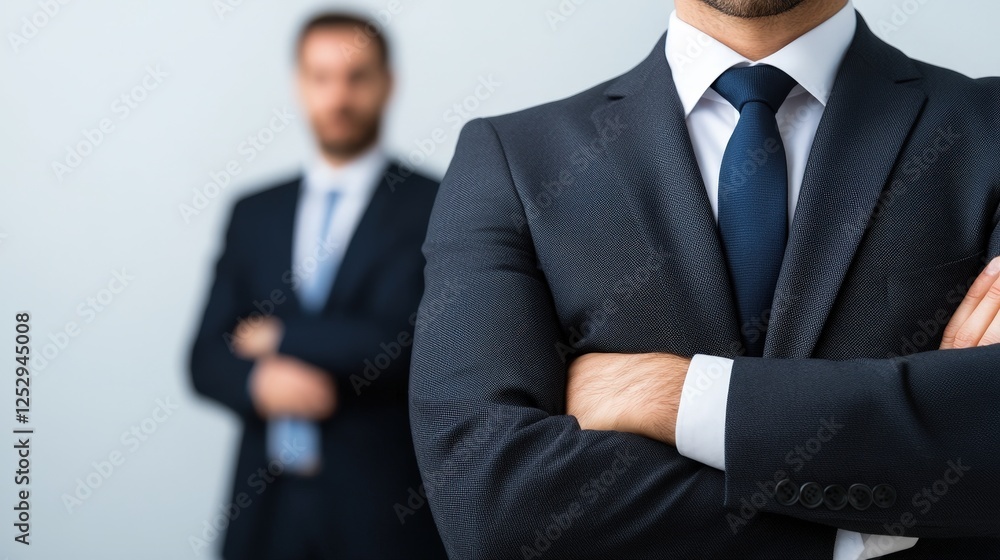 Man in a suit and tie with arms crossed in a corporate office setting with professionals in the background Man in a suit and tie with arms crossed in a corporate office setting with professionals in the background