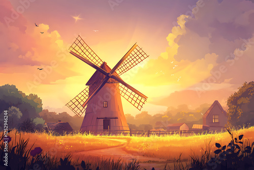 Serene sunset landscape featuring a rustic windmill surrounded by lush fields and distant cottages photo