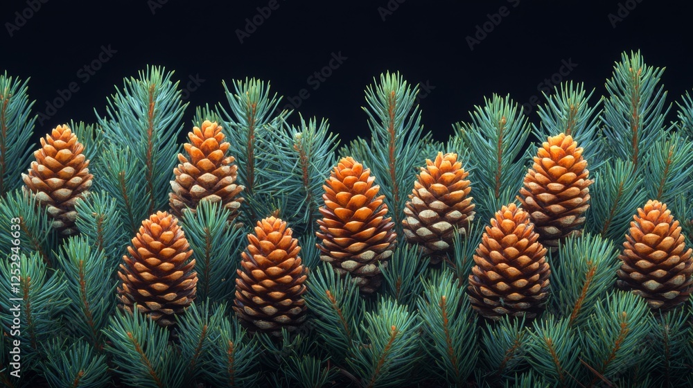 Symmetry of Nature, Pine Cones and Blue Spruce Needles Against a Dark Backdrop Symmetry of Nature, Pine Cones and Blue Spruce Needles Against a Dark Backdrop
