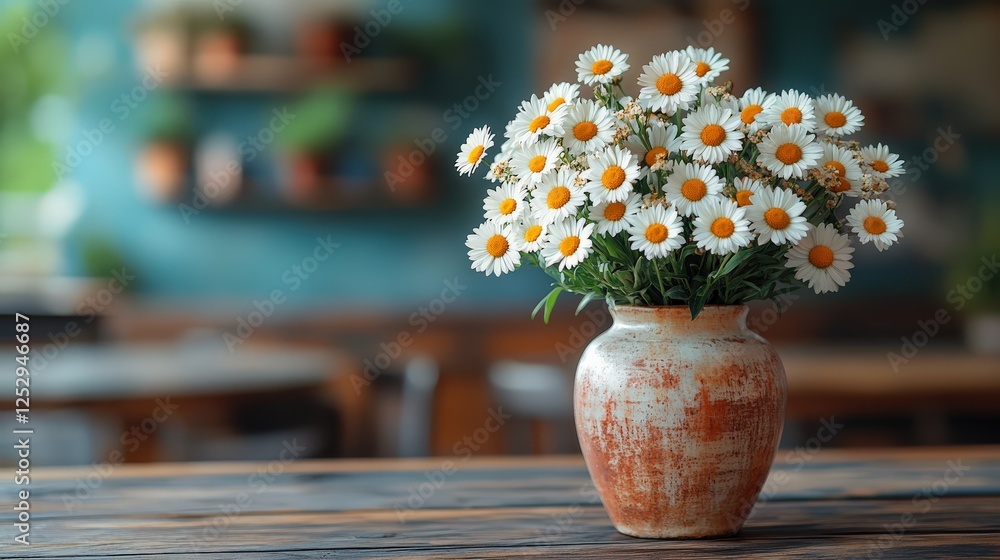 A rustic vase filled with vibrant daisies on a wooden table in a cozy caf? setting A rustic vase filled with vibrant daisies on a wooden table in a cozy caf? setting