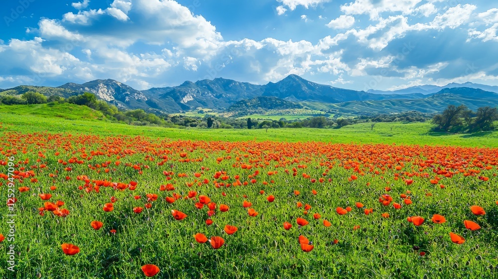 Vibrant Orange Poppies Blooming in a Scenic Mountain Landscape Vibrant Orange Poppies Blooming in a Scenic Mountain Landscape