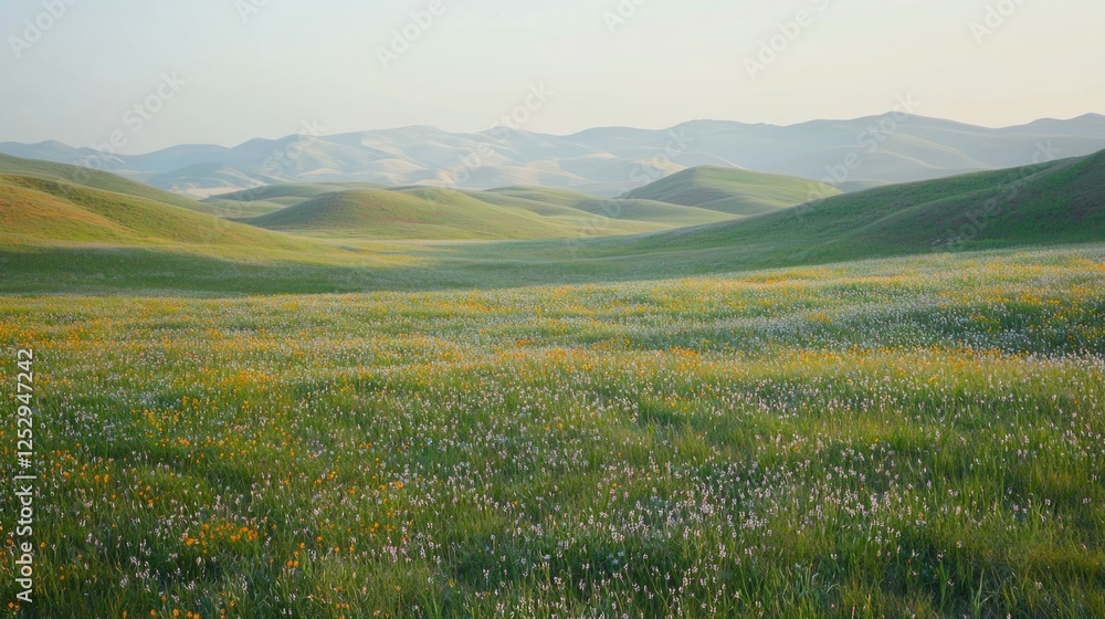 Scenic Landscape of Rolling Green Hills with Colorful Wildflowers Scenic Landscape of Rolling Green Hills with Colorful Wildflowers