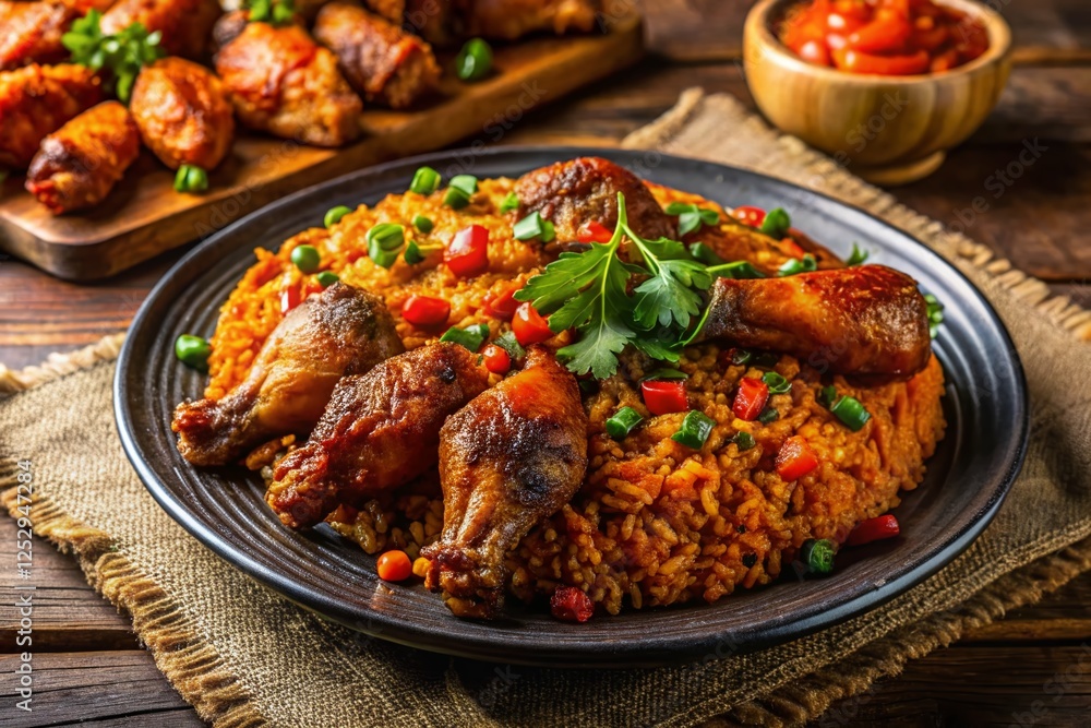Delicious Nigerian Jollof Rice & Fried Chicken Wings Party Feast - Top View Delicious Nigerian Jollof Rice & Fried Chicken Wings Party Feast - Top View