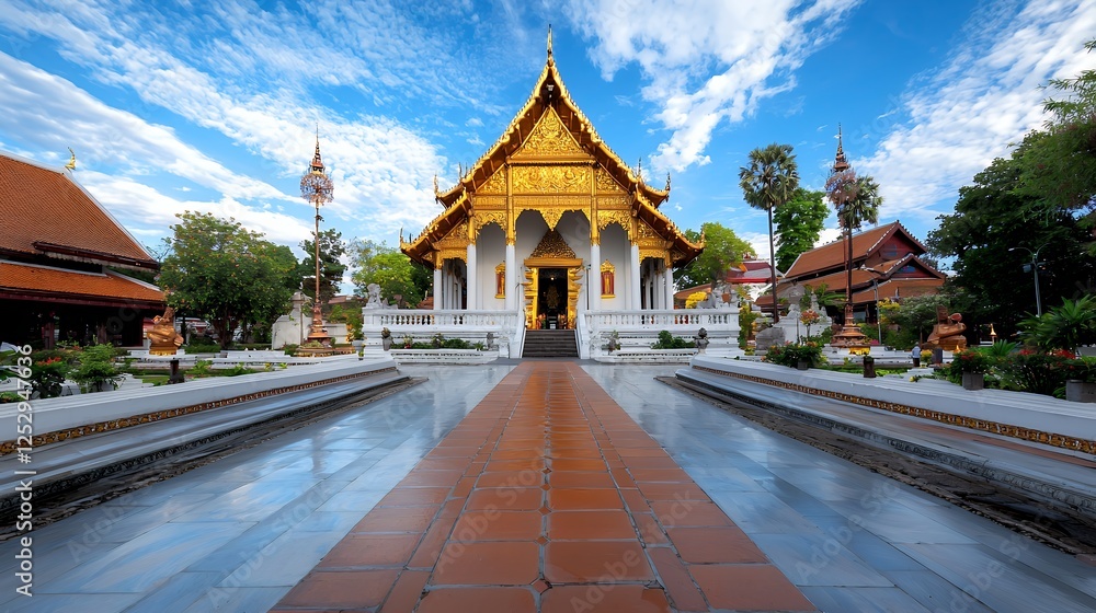 Golden Thai Temple Architecture With Reflection Path Golden Thai Temple Architecture With Reflection Path