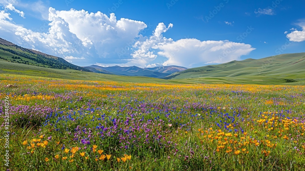 Vibrant Wildflower Meadow Under Scenic Blue Sky and Rolling Hills Vibrant Wildflower Meadow Under Scenic Blue Sky and Rolling Hills