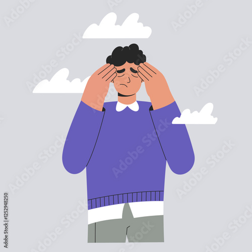 Sad, tired man under clouds, anxious person has headache in bad mood covers his face with hands. Psychological disorder, mental health problem concept. Burnout and depression, flat vector illustration