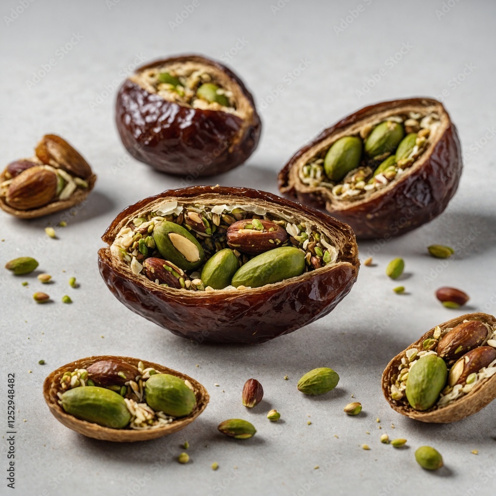 A date cut in half and stuffed with pistachios, isolated on a white background. A date cut in half and stuffed with pistachios, isolated on a white background.