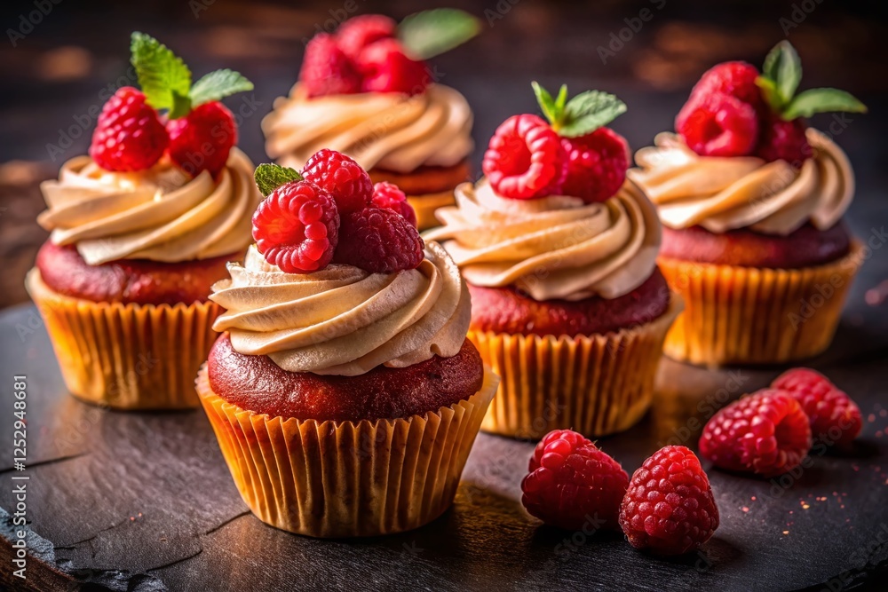 Delicious Raspberry Cupcakes - Low Light Moody Food Photography Delicious Raspberry Cupcakes - Low Light Moody Food Photography
