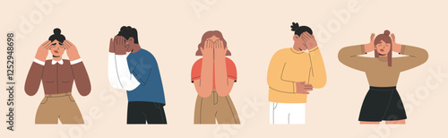 Mental psychological disorders set, unhappy, frustrated and upset people concept. Burnout characters in bad mood, depression, ADHD, anxiety and grief, flat vector illustrations isolated background