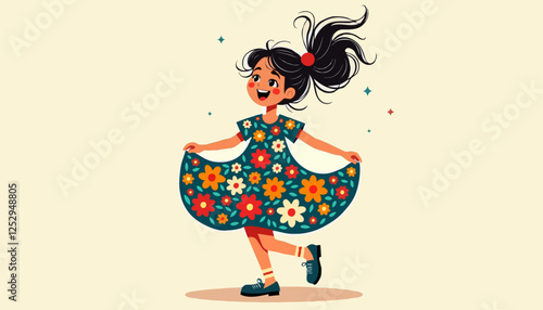 Playful illustration of a girl in a floral dress twirling with joy