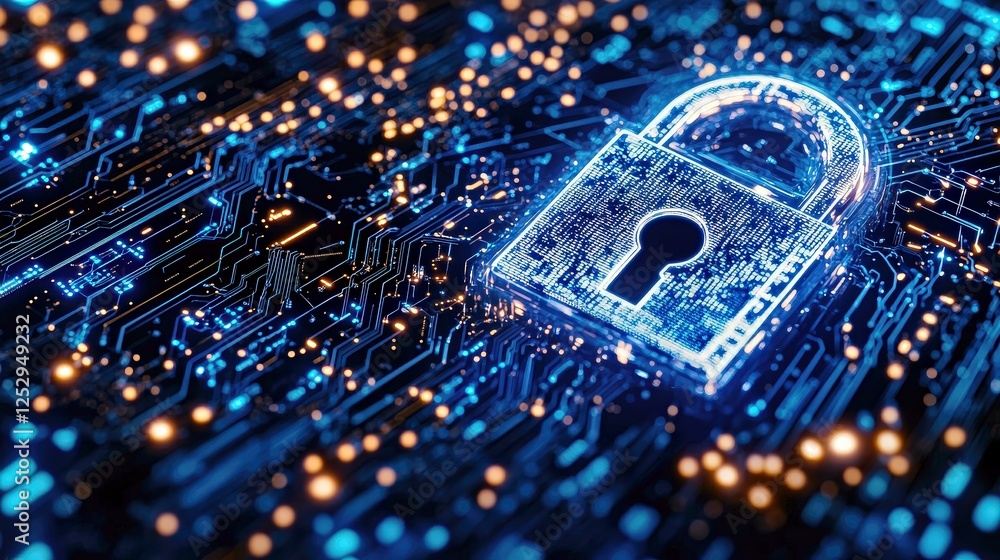 © Xolonavt - Futuristic lock represents cybersecurity. Secure encryption protects data. Advanced technology enhances network protection. Digital electronics meet futuristic design, ideal for safe internet © Xolonavt - Futuristic lock represents cybersecurity. Secure encryption protects data. Advanced technology enhances network protection. Digital electronics meet futuristic design, ideal for safe internet