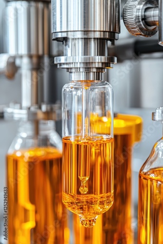 Close-up of a machine dispensing amber liquid into glass bottles in a production setting.