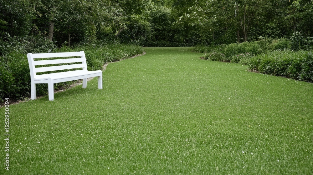 White park bench in a manicured lawn, serene garden setting. Ideal for relaxing or contemplative scenes White park bench in a manicured lawn, serene garden setting. Ideal for relaxing or contemplative scenes