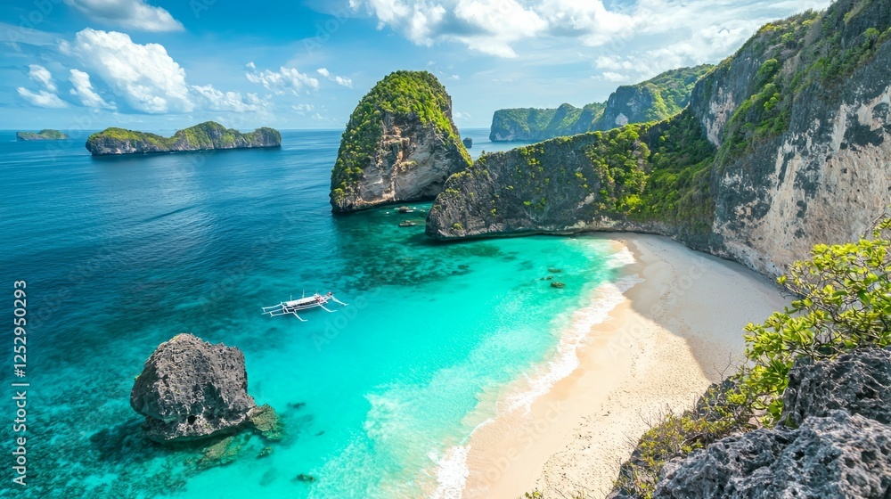 Serene Tropical Beach with Clear Waters and Rugged Cliffs Serene Tropical Beach with Clear Waters and Rugged Cliffs