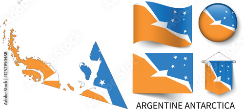 The different designs of Argentine Antarctica's national flags and the map showing Argentine Antarctica's borders