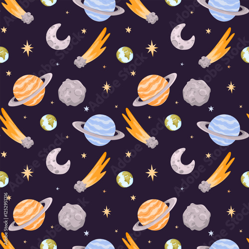 Hand drawn space elements seamless pattern. Space background. Space doodle illustration. Vector illustration. Seamless pattern with cartoon space rockets, planets, stars
