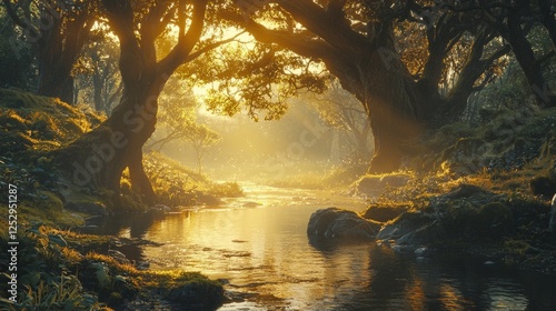 Serene Forest Scene with Misty Morning Light and Water Reflection photo