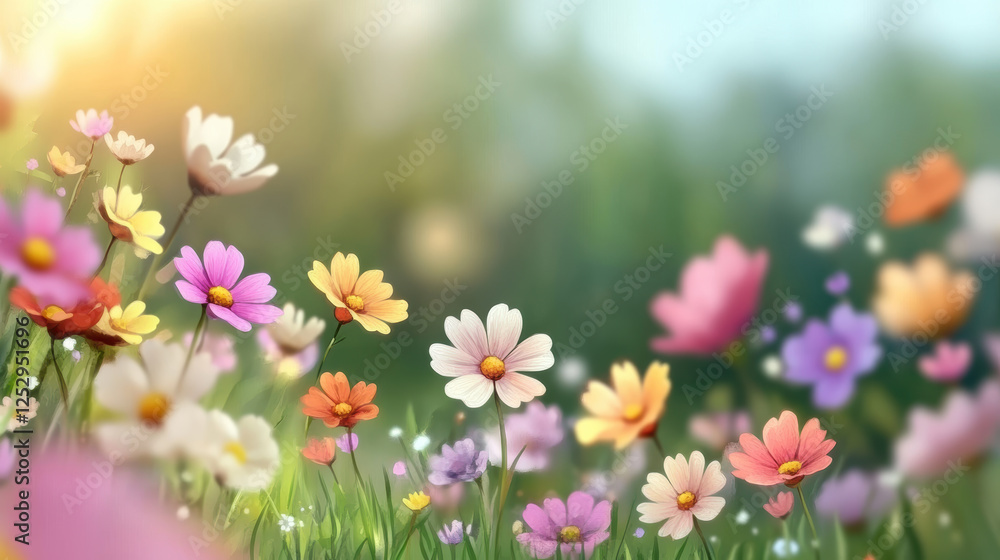 Obraz premium vibrant wildflower meadow full bloom, featuring colorful blossoms shades of pink, yellow, orange, and white. soft sunlight enhances dreamy atmosphere, with blurred green background adding depth