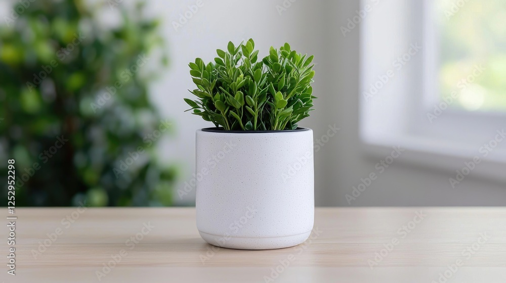 Fototapeta premium Small potted plant on light wooden table
