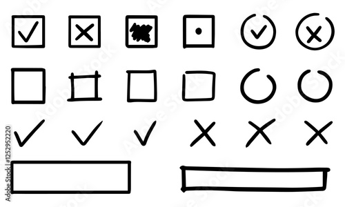 A set of hand-drawn selection elements, check marks, crosses. Option column, check the box next to it, make a choice, refuse. Black linear set.