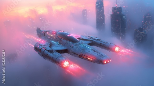 Futuristic spaceship flying above a city at dawn photo