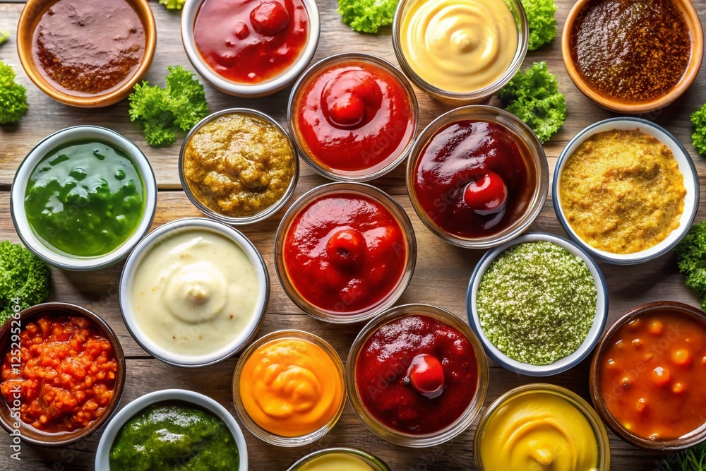 Diverse Sauces Top View: Ketchup, Mustard, Pesto, Soy, Hot Sauce, Mayo & Worcestershire Diverse Sauces Top View: Ketchup, Mustard, Pesto, Soy, Hot Sauce, Mayo & Worcestershire