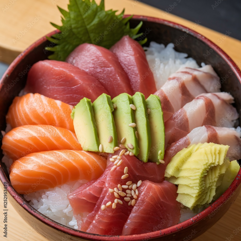 A vibrant bowl of sushi with assorted fish and avocado on a bed of rice, showcasing fresh ingredients. A vibrant bowl of sushi with assorted fish and avocado on a bed of rice, showcasing fresh ingredients.