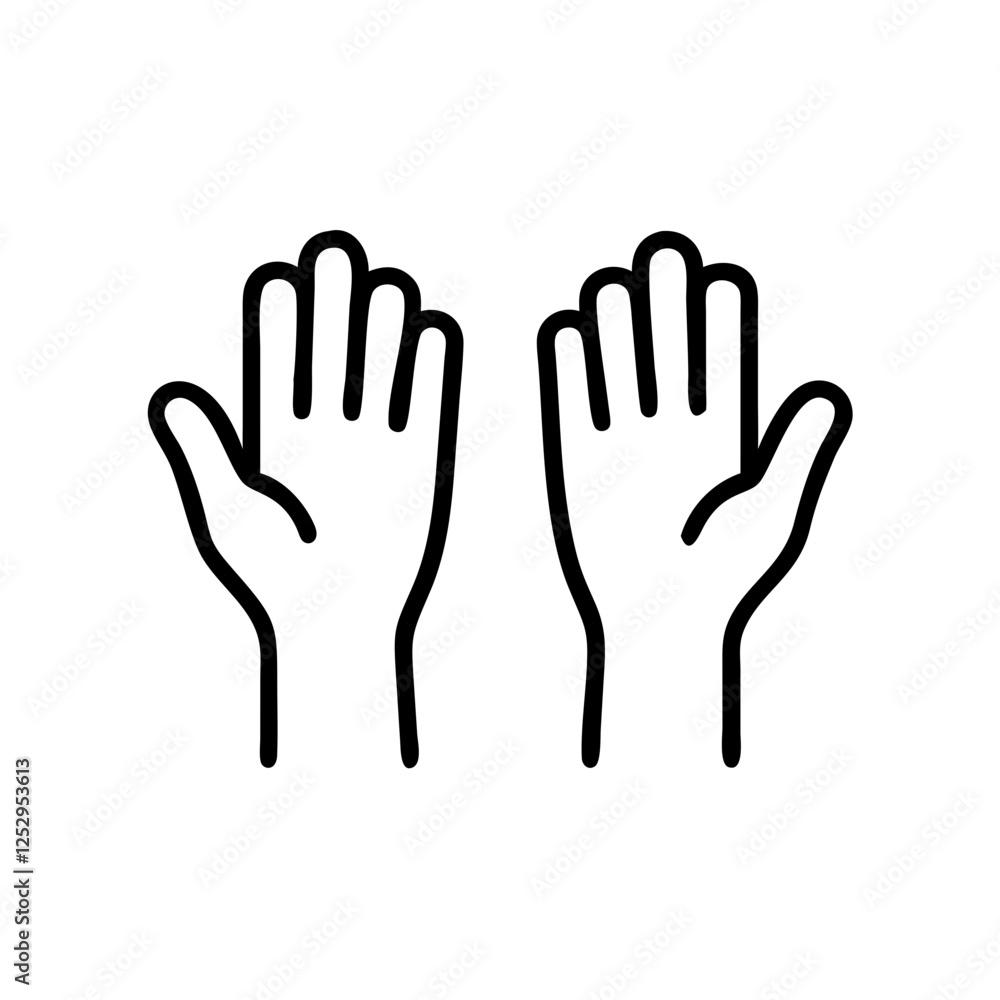 Hands raised in gesture of greeting, symbolizing connection, in a black outline, modern design. Hands raised in gesture of greeting, symbolizing connection, in a black outline, modern design.