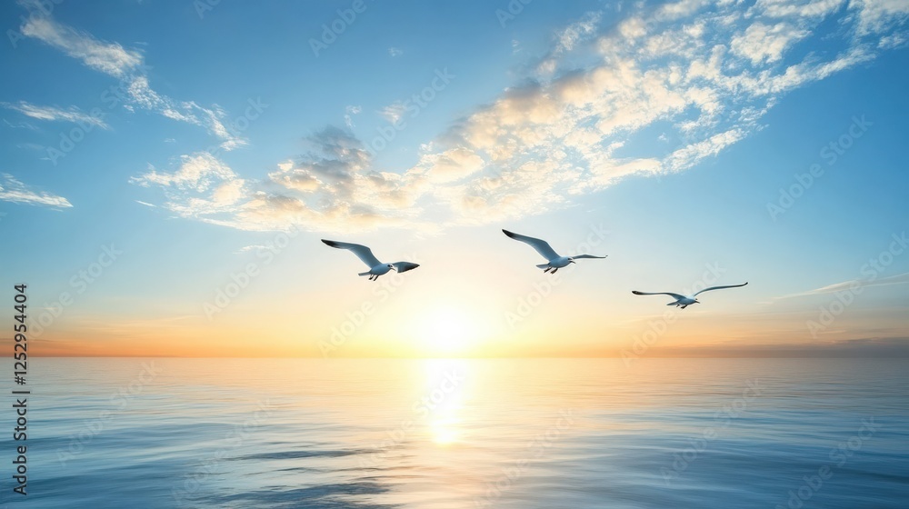 Fototapeta premium Seagulls Fly in Sunset Sky Over Calm Ocean Water, Beautiful Evening Scene, Peaceful Nature, Tranquil Horizon with Soft Clouds
