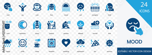 Mood solid icon set. containing smile, comic, funny, emoji, jealous, joyful and more vector design