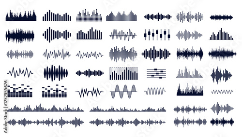 Black sound waves on white background - Music wave frequency or equaliser audio lines and digital voice volume visualisation vector set isolated illustrations