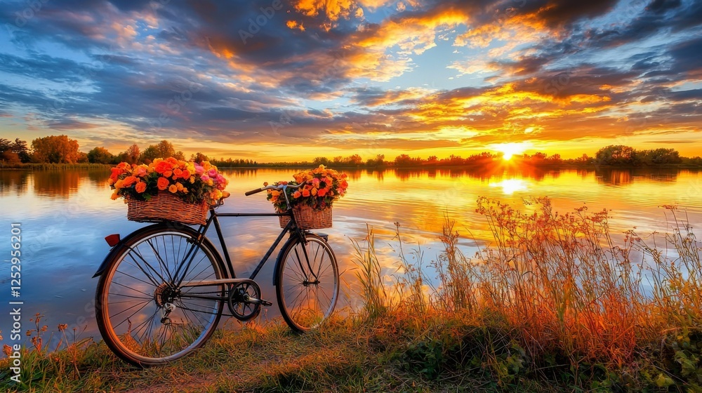Fototapeta premium A bicycle with a flower-filled front basket, parked near a tranquil lake under golden sunset light. --chaos 20 --ar 16:9 --quality 2 --v 6.1 Job ID: 23edc063-0c08-43c0-833d-b33b3477eef5