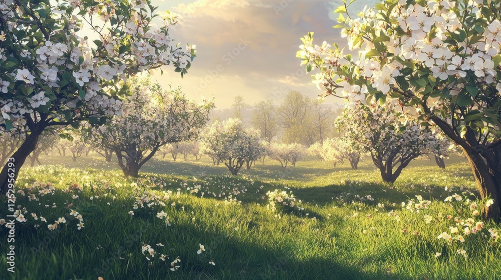 Serene Spring Landscape with Blooming Apple Trees in Meadow Serene Spring Landscape with Blooming Apple Trees in Meadow
